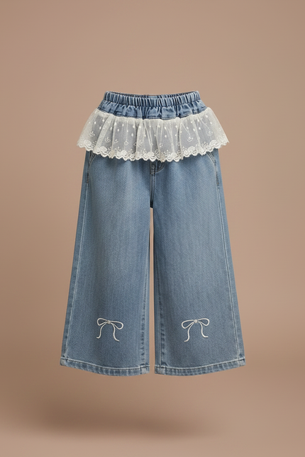 Pantalon Jupe Denim Brodé Nœuds Ample Enfant - Bleu Jean - vue 3