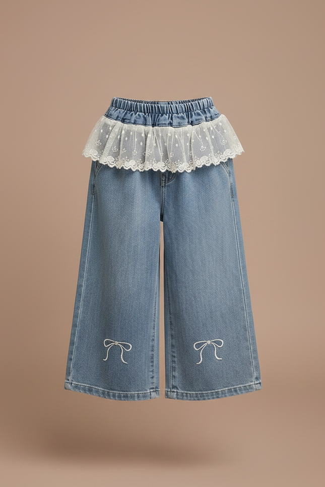 Pantalon Jupe Denim Brodé Nœuds Ample Enfant - Bleu Jean - vue 3