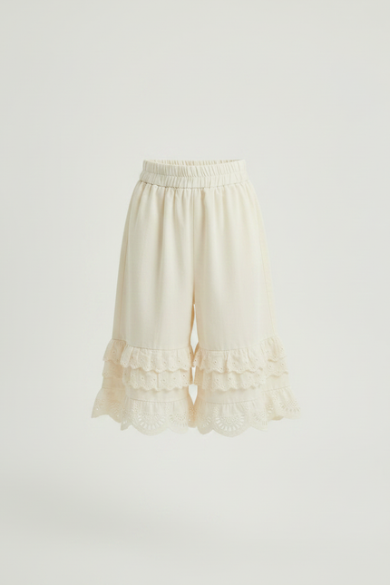 Pantalon Jupe Écru Dentelle Broderie Ample Coton Enfant - Beige - vue 3