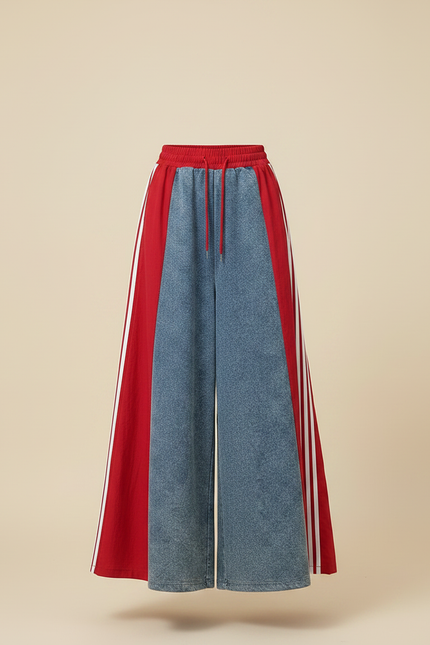 Pantalon Jupe Denim Rouge Évasé Longue Patchwork Rayures - Jean - vue 3