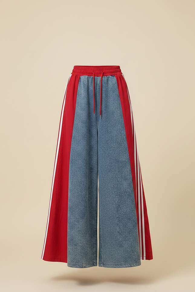 Pantalon Jupe Denim Rouge Évasé Longue Patchwork Rayures - Jean - vue 3