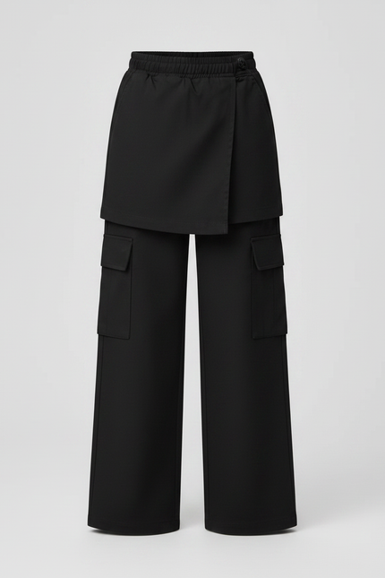 Pantalon Jupe Noir Cargo Ample Asymétrique Fille - Gabardine - vue 3