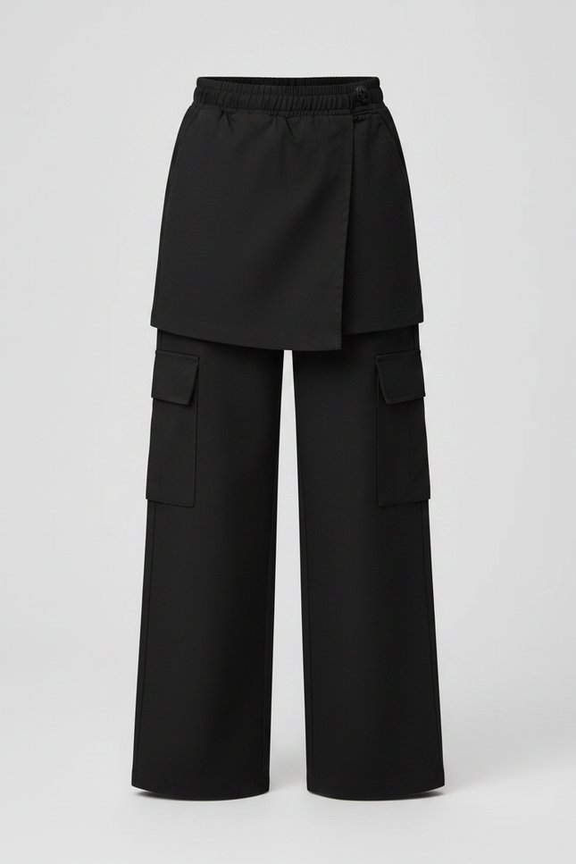 Pantalon Jupe Noir Cargo Ample Asymétrique Fille - Gabardine - vue 3