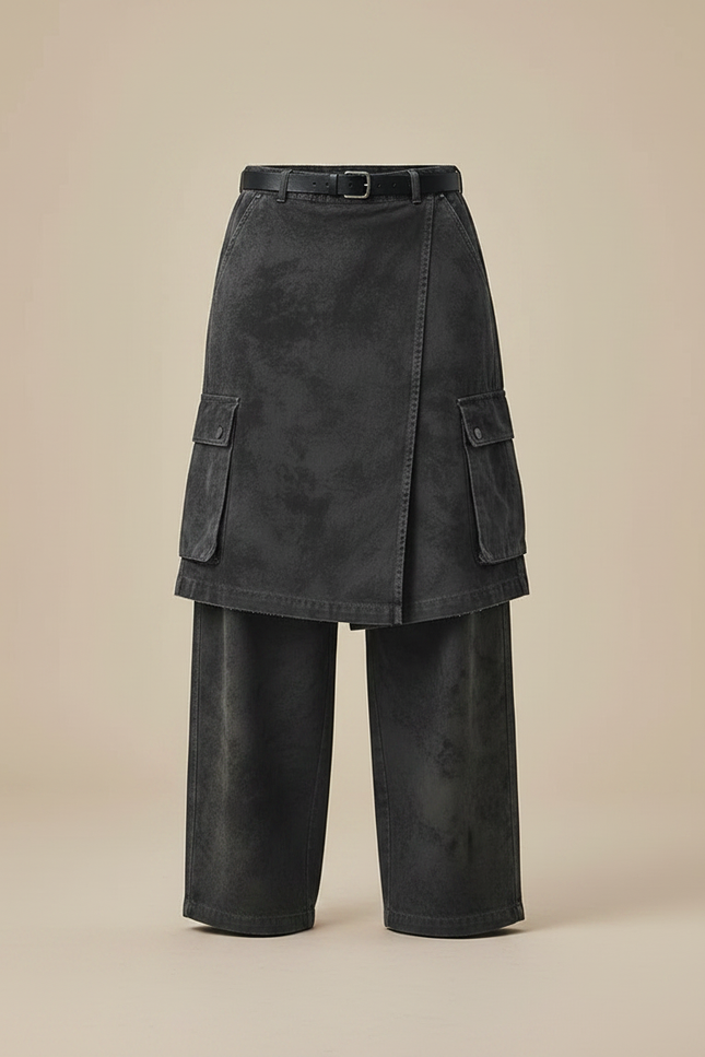 Pantalon Jupe Cargo Gris Déstructuré Ample Décontracté - Jean - vue 3