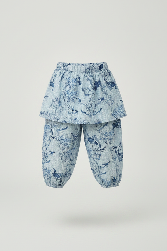 Pantalon Jupe Imprimé Oiseaux Bleu Coton Enfant - vue 3