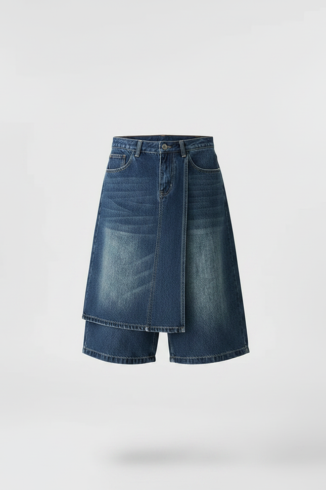 Pantalon Jupe Jean Bleu Superposé Ample Décontracté - vue 3
