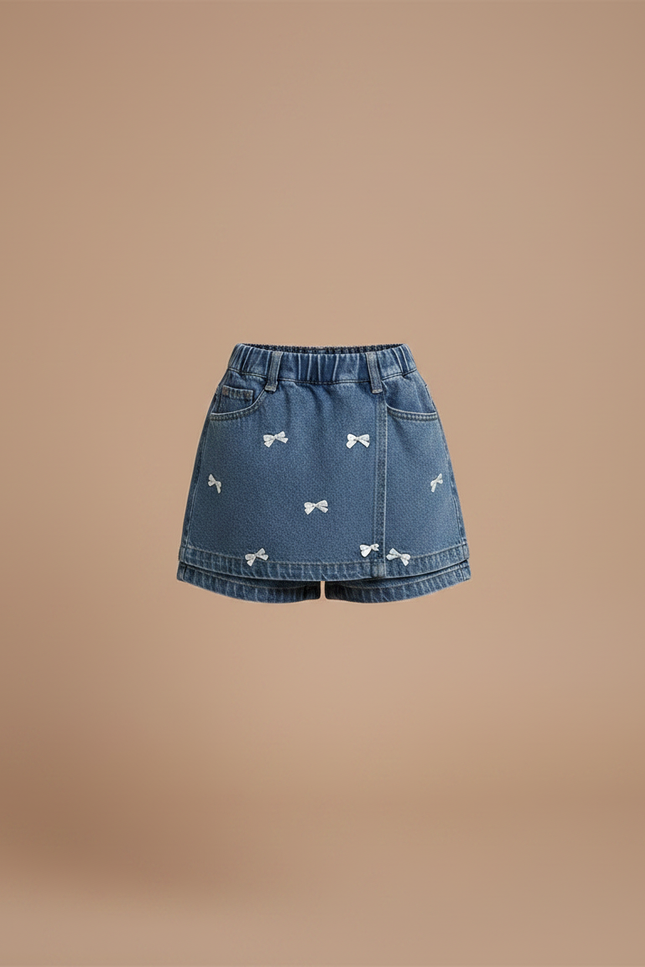 Pantalon Jupe Denim Broderie Nœuds Enfant A-ligne - Bleu Jean - vue 3