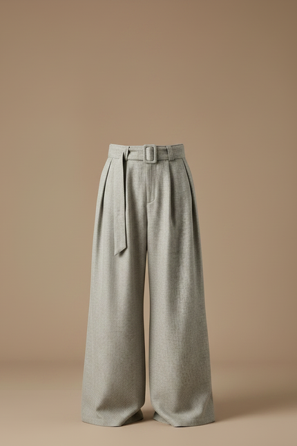 Pantalon Jupe Gris Ample Plissé Ceinturé Décontracté - Tweed - vue 2