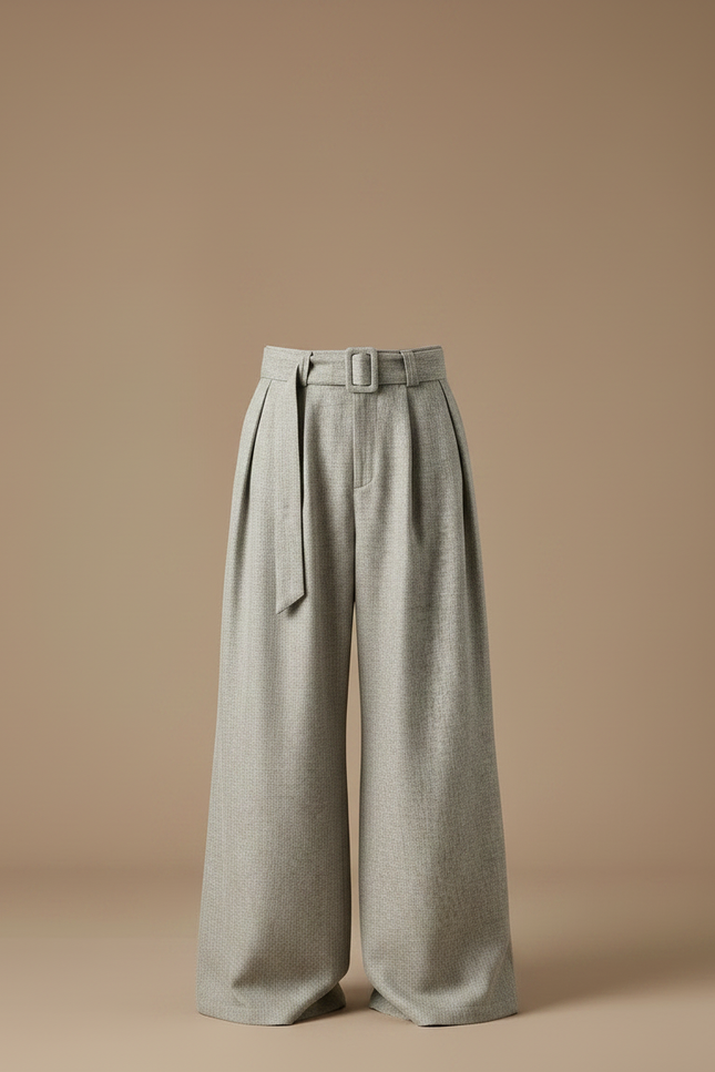 Pantalon Jupe Gris Ample Plissé Ceinturé Décontracté - Tweed - vue 2