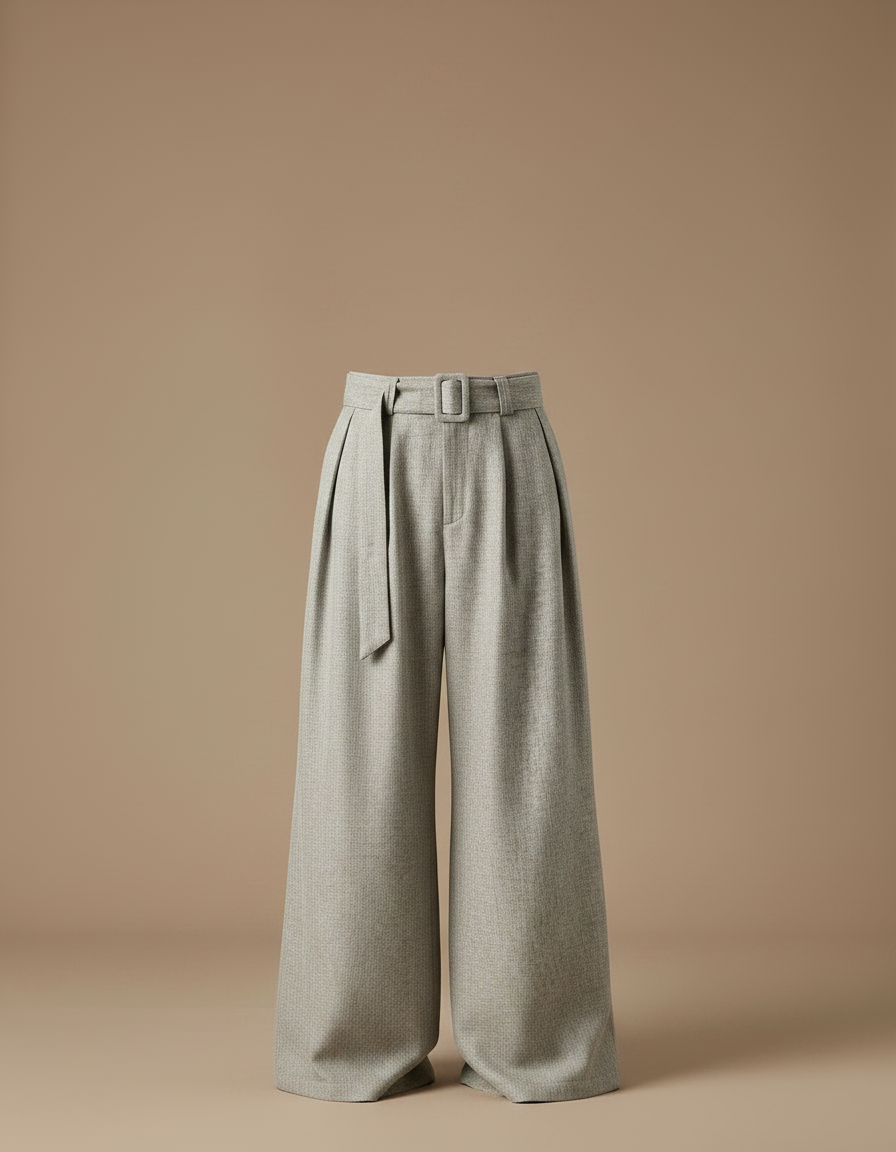 Pantalon Jupe Gris Ample Plissé Ceinturé Décontracté - Tweed - vue 2
