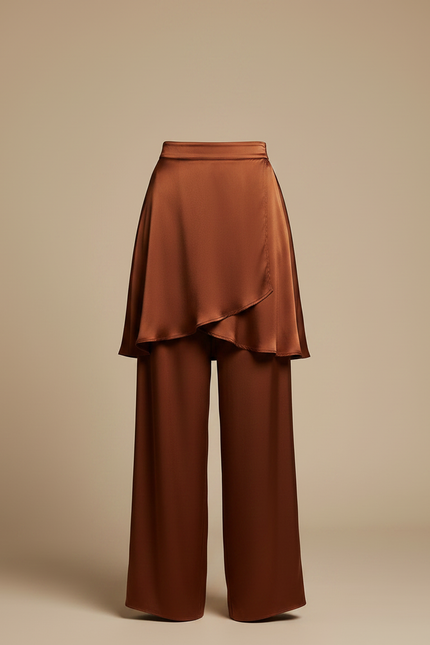 Pantalon Jupe Marron Satiné Fluide Superposé Élégant - vue 3