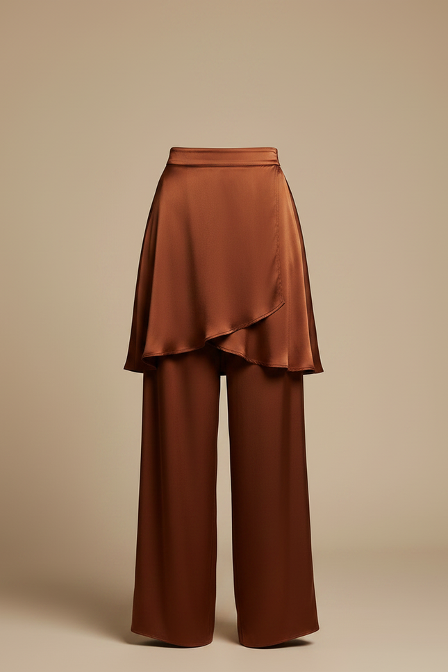 Pantalon Jupe Marron Satiné Fluide Superposé Élégant - vue 3