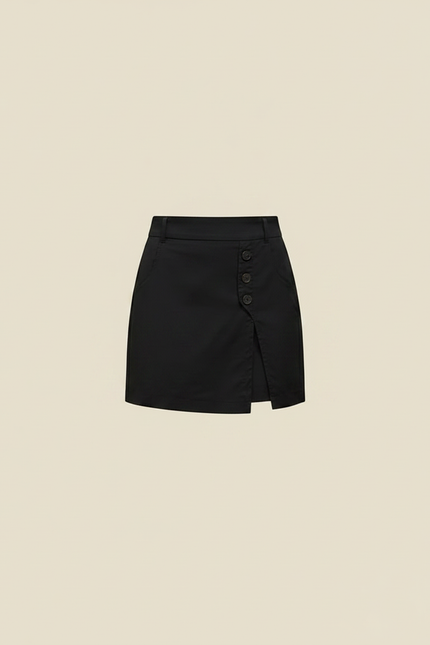Pantalon Jupe Noir Boutons A-line Ceinturé Chic - Gabardine - vue 3