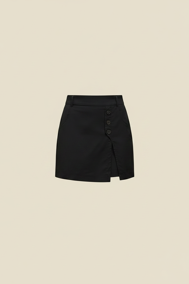 Pantalon Jupe Noir Boutons A-line Ceinturé Chic - Gabardine - vue 3