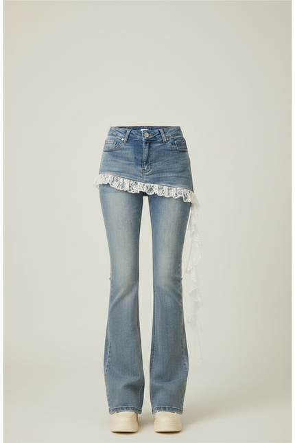 Pantalon Jupe Jean Bleu Évasé Dentelle Superposée Décontracté - vue 3