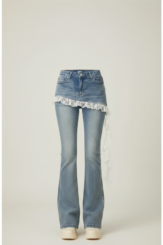 Pantalon Jupe Jean Bleu Évasé Dentelle Superposée Décontracté - vue 3
