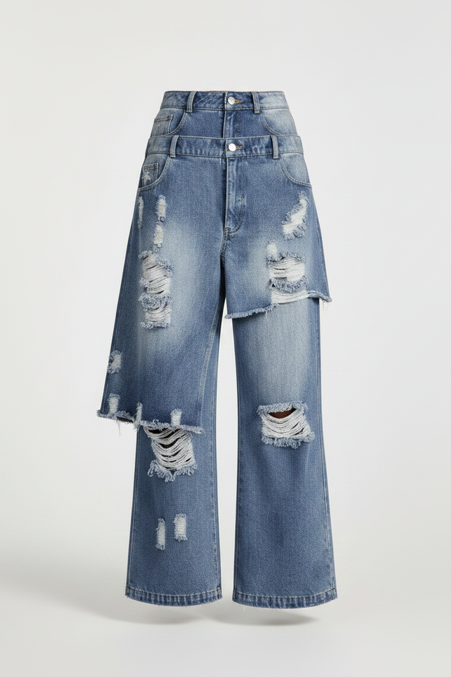 Pantalon Jupe Jean Bleu Dégrippé Ample Déstructuré - vue 3