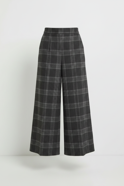 Pantalon Jupe Carreaux Gris Laine Ample Superposé Élégant Femme - vue 3
