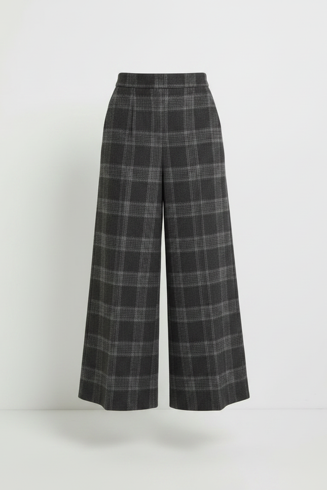 Pantalon Jupe Carreaux Gris Laine Ample Superposé Élégant Femme - vue 3
