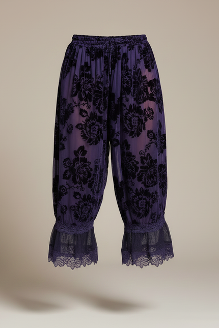 Pantalon Jupe Violet Velours Floral Dentelle Ample - vue 3