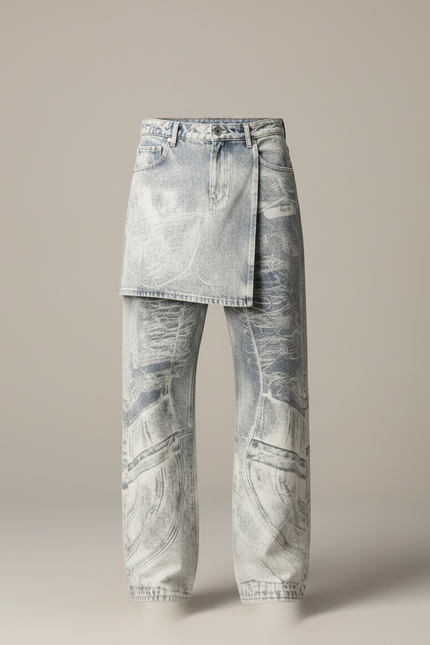 Pantalon Jupe Denim Effet Usé Déstructuré Ample - Bleu Jean - vue 3