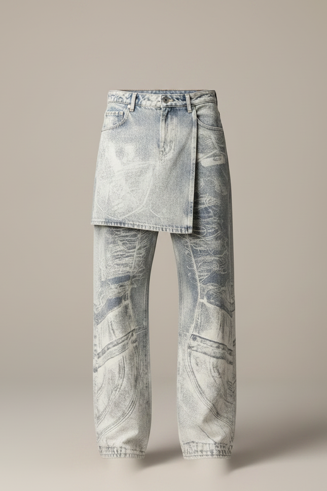 Pantalon Jupe Denim Effet Usé Déstructuré Ample - Bleu Jean - vue 3