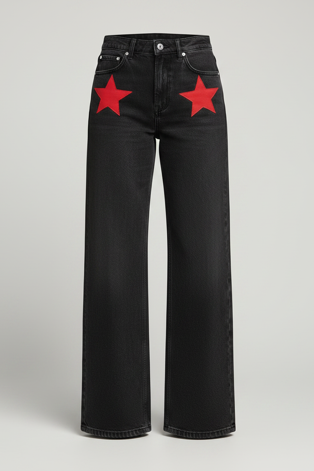 Pantalon Jupe Noir Étoiles Rouges Ample Décontracté - Jean - vue 3