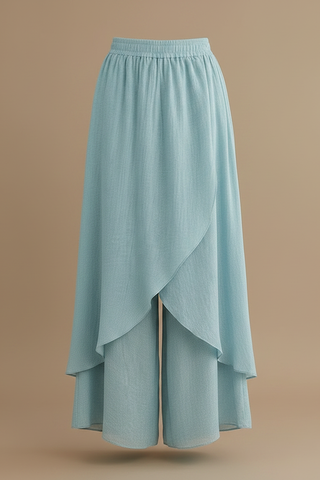 Pantalon Jupe Ample Coton Lin Superposé Bleu Femme - vue 3