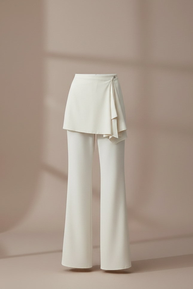 Pantalon Jupe Évasé Crème Drapé Élégant Moderne - Blanc Polyester - vue 3