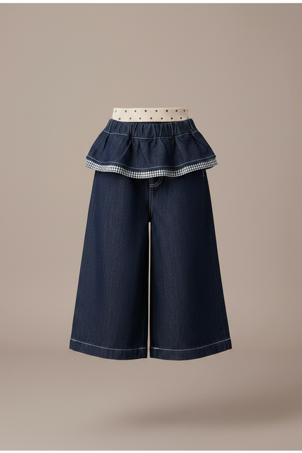 Pantalon Jupe Denim Évasé Bleu Gingham Intégré - Marine Jean - vue 3