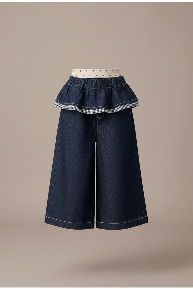 Pantalon Jupe Denim Évasé Bleu Gingham Intégré - Marine Jean - vue 3