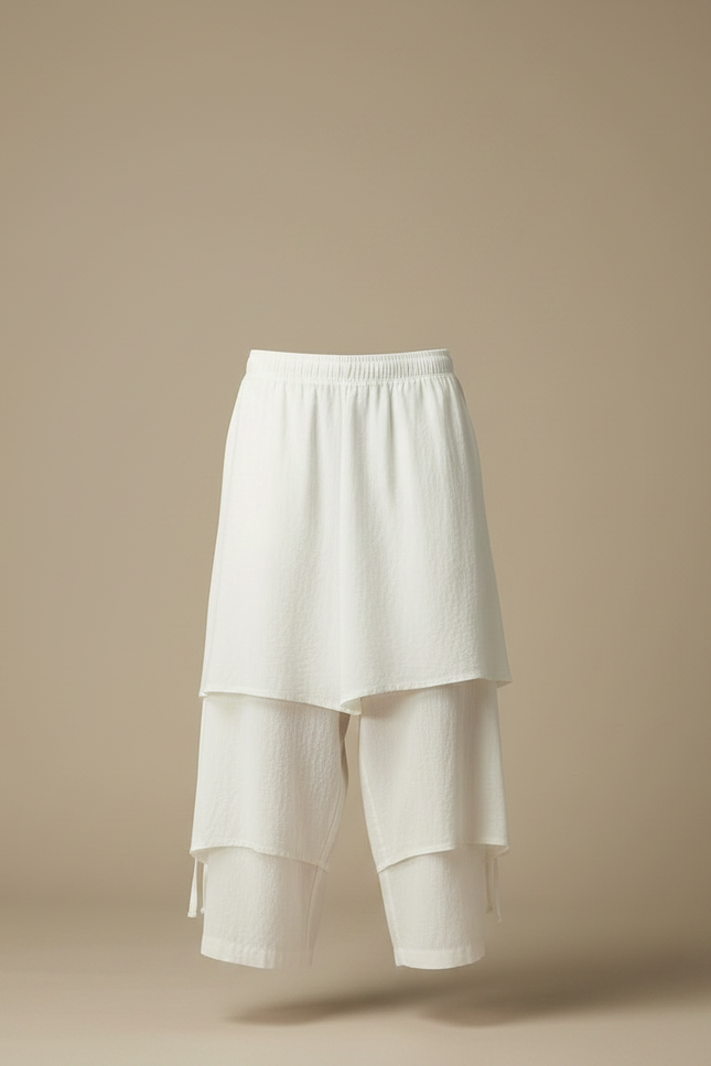 Pantalon Jupe Coton Lin Ample Superposé Homme - Blanc - vue 3