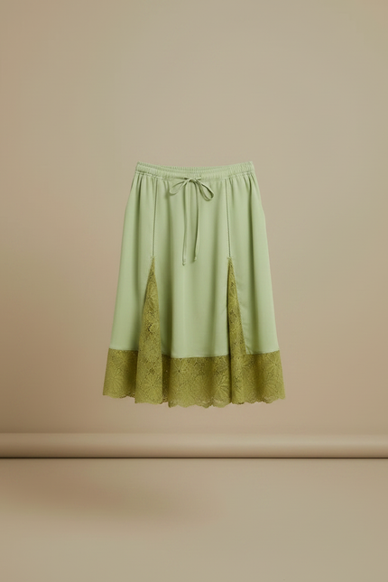Pantalon Jupe Vert Satin Dentelle Mi-long Fluide - vue 3