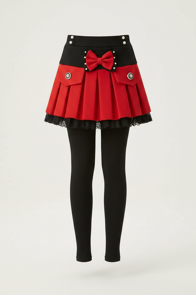 Pantalon Jupe Noir Rouge Plissé Bowknot Dentelle Fille - Molleton - vue 3