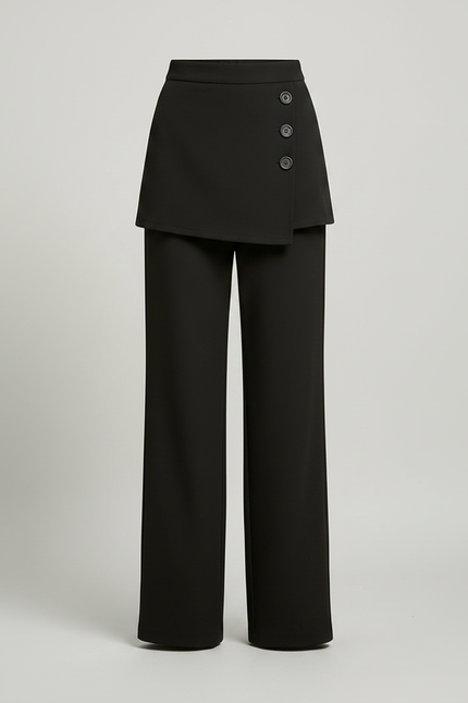 Pantalon Jupe Noir Superposé Boutonné Élégant - Polyester - vue 3