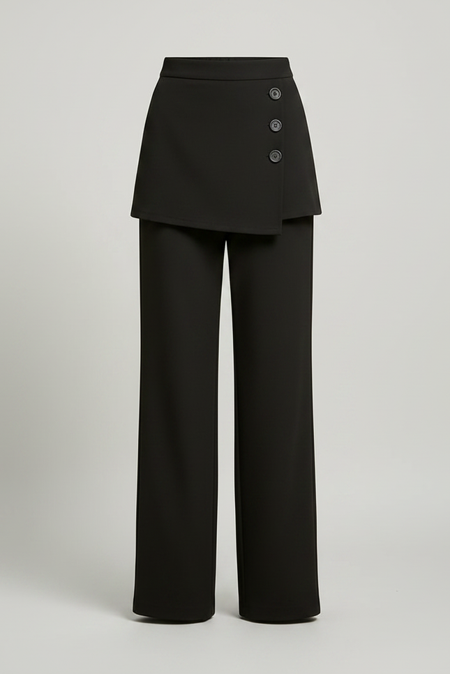 Pantalon Jupe Noir Superposé Boutonné Élégant - Polyester - vue 3