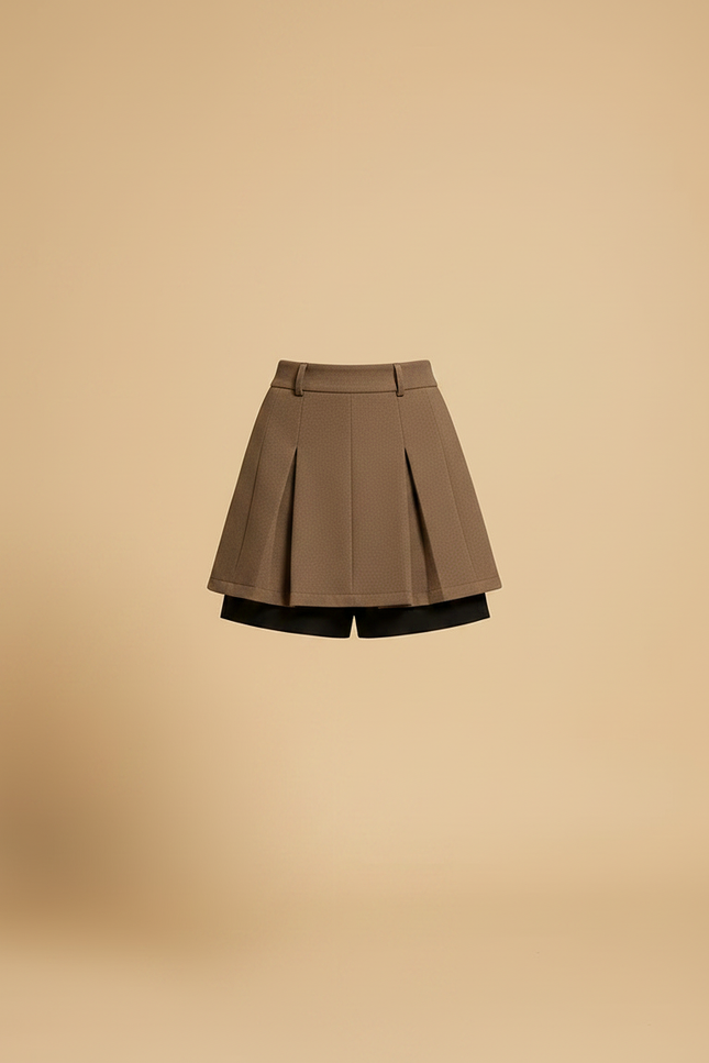 Pantalon Jupe Marron Plissé Laine Élégante Courte - vue 3