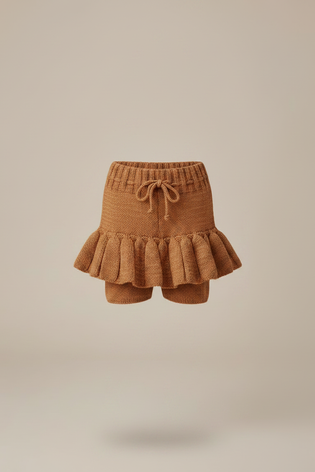 Pantalon Jupe Marron Tricoté Plissé Fille Vintage - Maille - vue 3