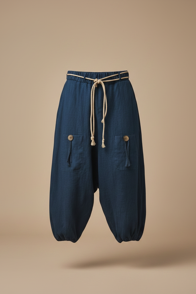 Pantalon Jupe Ample Coton Lin Bleu Marine Confortable - vue 3