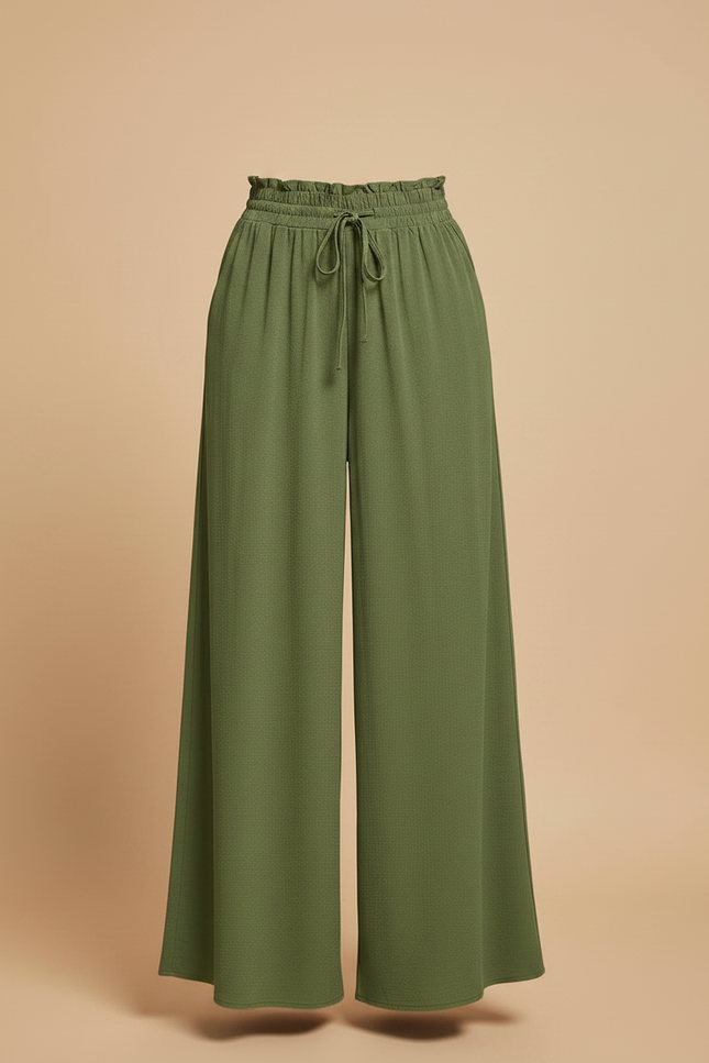 Pantalon Jupe Vert Ample Fluide Taille Haute Décontracté - Kaki Viscose - vue 3