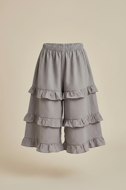 Pantalon Jupe Gris Volants Superposés Ample Fille Coton - vue 3