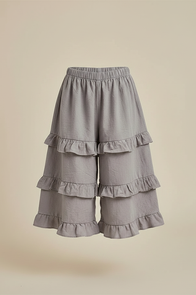Pantalon Jupe Gris Volants Superposés Ample Fille Coton - vue 3