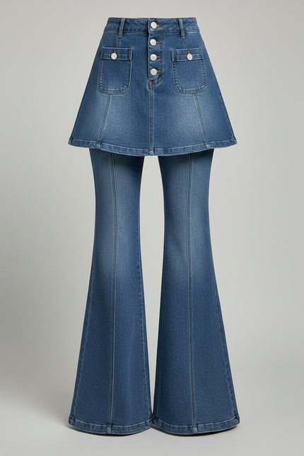 Pantalon Jupe Denim Bleu Évasé Boutonné Chic - Jean - vue 3