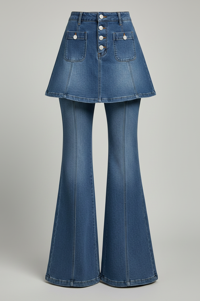 Pantalon Jupe Denim Bleu Évasé Boutonné Chic - Jean - vue 3