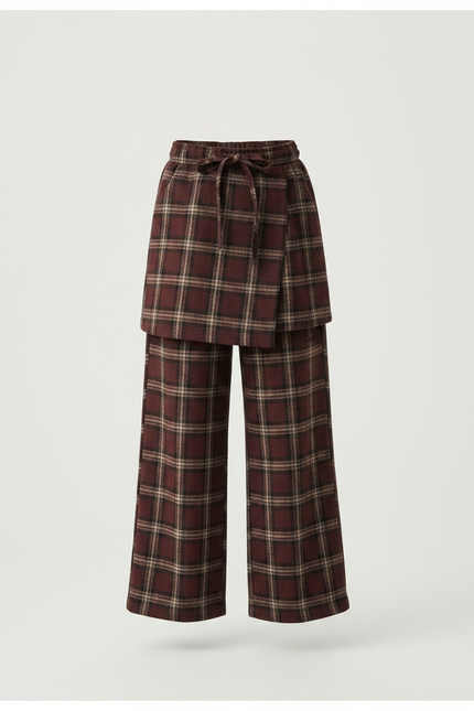 Pantalon Jupe Plaid Marron Ample Superposé Fille - Bordeaux Laine - vue 3