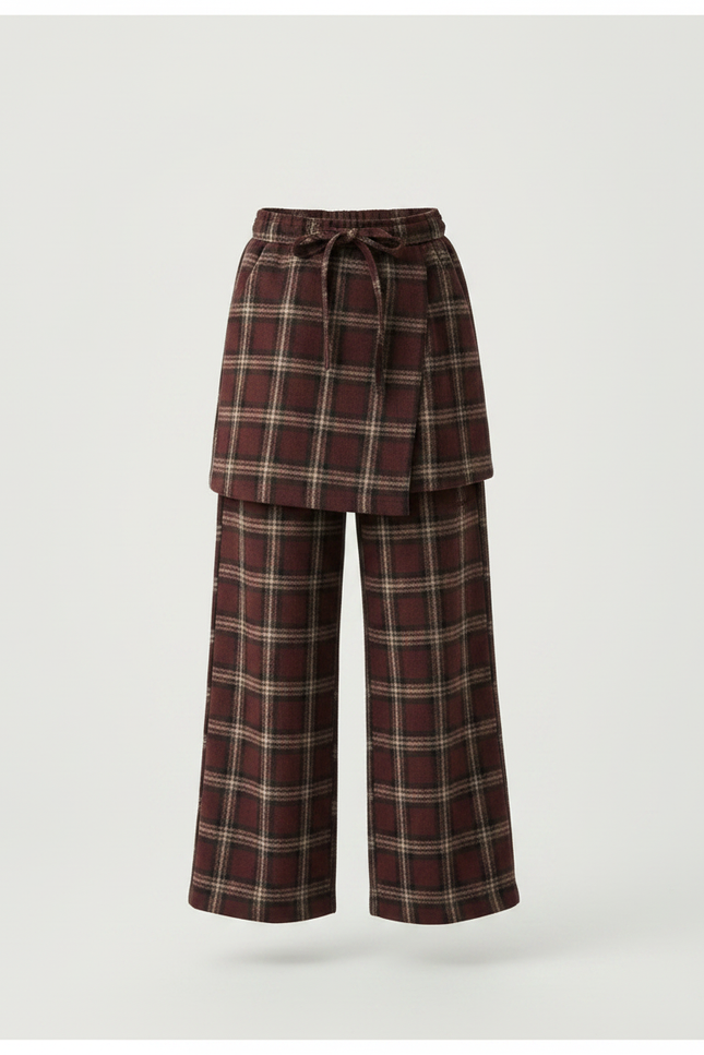 Pantalon Jupe Plaid Marron Ample Superposé Fille - Bordeaux Laine - vue 3