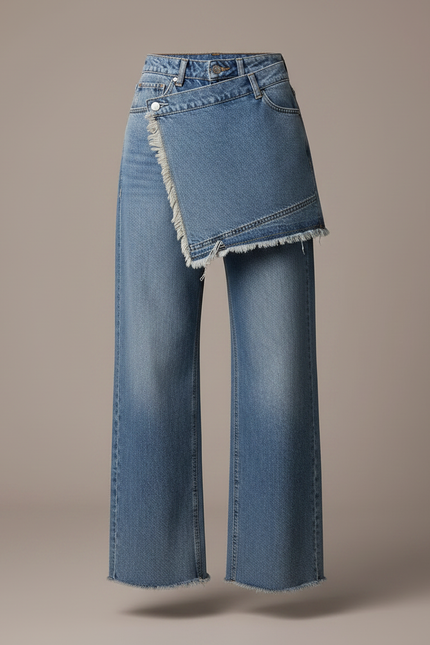 Pantalon Jupe Denim Bleu Droit Effiloché Déstructuré - Jean - vue 3