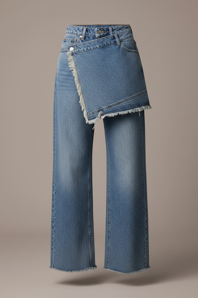 Pantalon Jupe Denim Bleu Droit Effiloché Déstructuré - Jean - vue 3