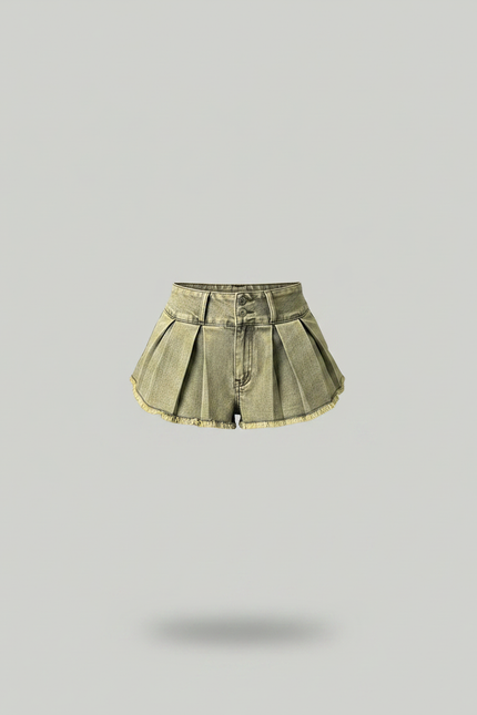 Pantalon Jupe Plissé Denim Vert Effilé Taille Haute - Kaki Jean - vue 3