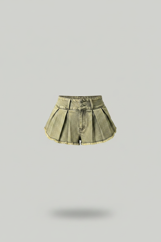 Pantalon Jupe Plissé Denim Vert Effilé Taille Haute - Kaki Jean - vue 3